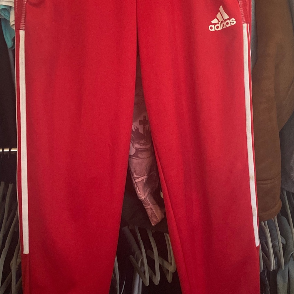 Adidas Men's Red Joggers with White Stripes